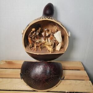Handcrafted Nativity Scene Inside A Carved Gourd From Kenya